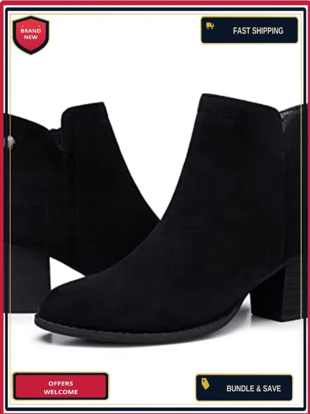 Women's Ankle Booties Faux Suede Low Heel Chunky Almond Toe Side Zip Fall Boots